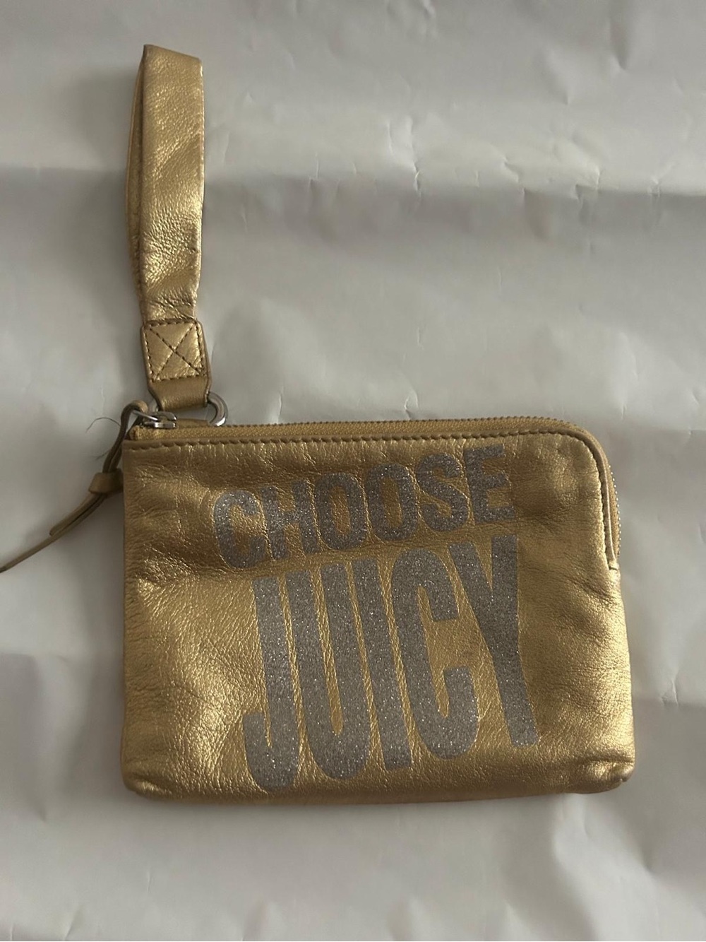Juicy Couture Gold Metallic Wristlet Pouch with Glitter 'Choose Juicy'